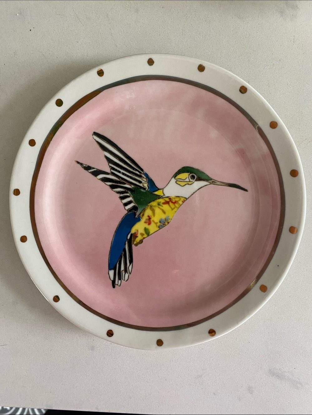 Anthropologie Pink Hummingbird Ceramic Plate with Gold Dot Rim